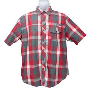 No Fear‎ Men's Large Y2k Grunge Red Plaid Short Sleeve Button Up Camp Shirt